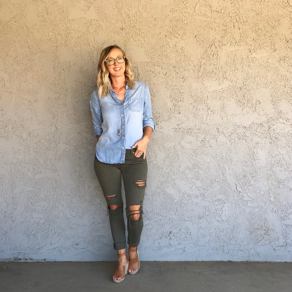 Desert green distressed denim